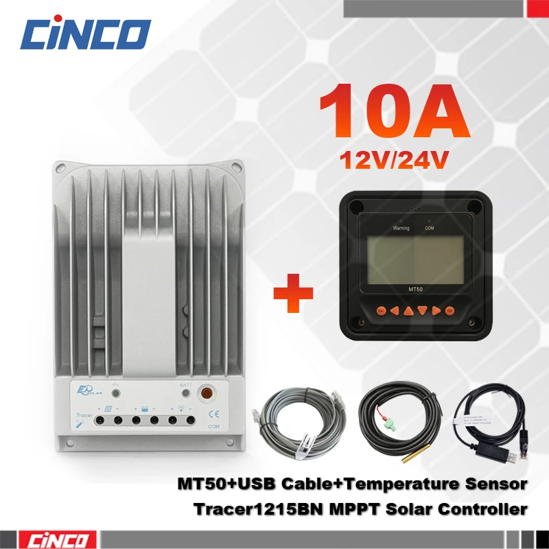 

Tracer1215BN 10A 12V/24V solar charge controller & MT50 and USB communication cable & temperature sensor RTS300R47K3.81AV1.1