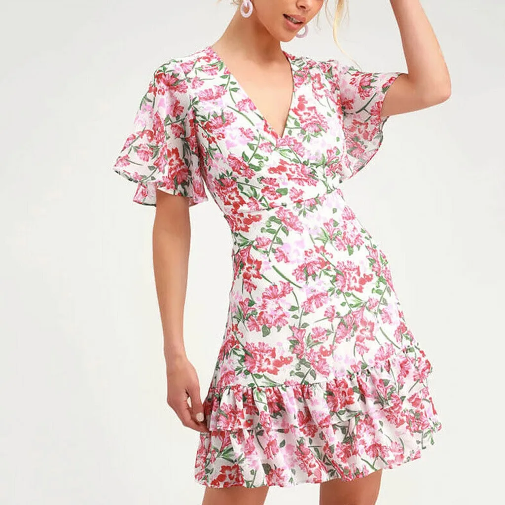 Женское короткое платье с цветочным принтом Boho повседневное мини коротким