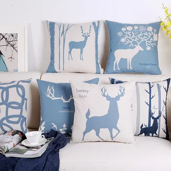 

45*45cm Blue Elk Nordic Vintage Cotton Pillowcase Living Room Cover Pillow Case