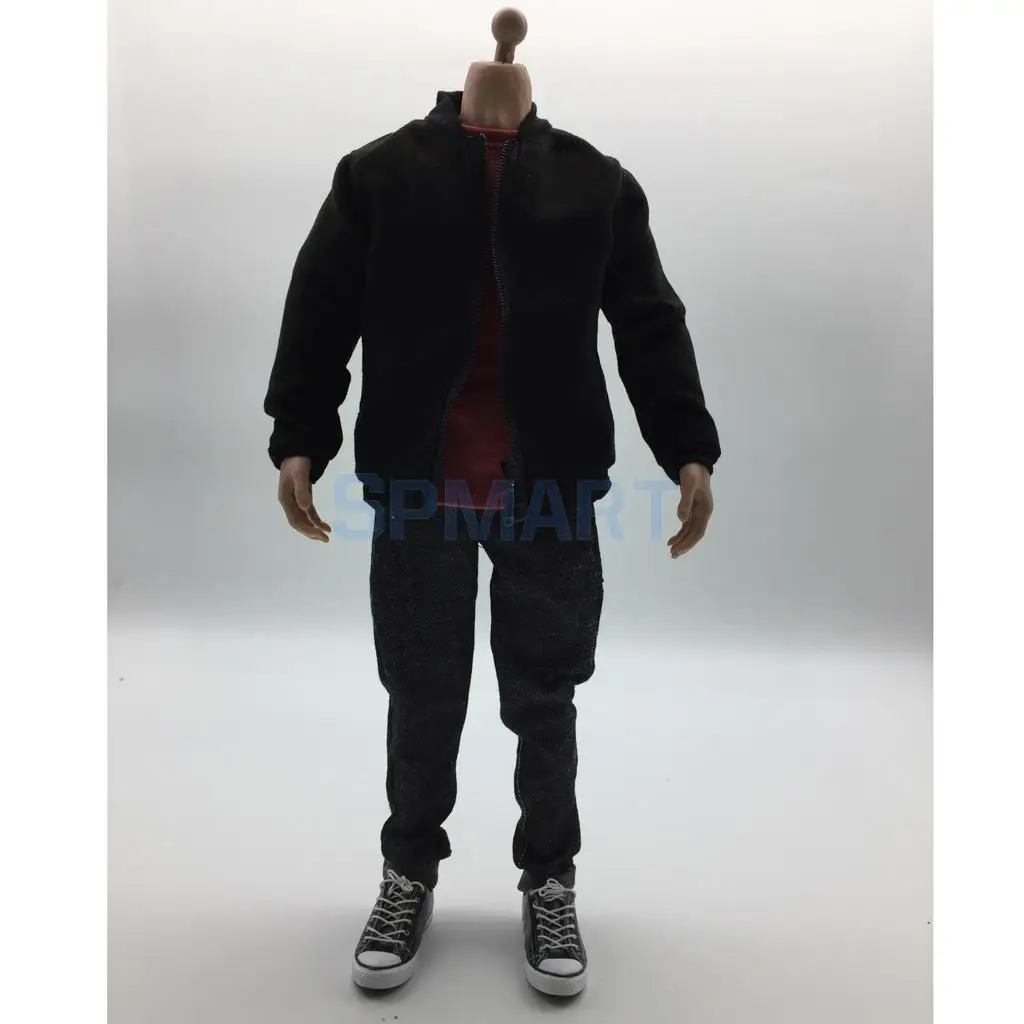 1/6 Scale Mens Clothes Black Bomber Jacket T-shirt Jeans Belt Hat Canvas Shoes Set for 12