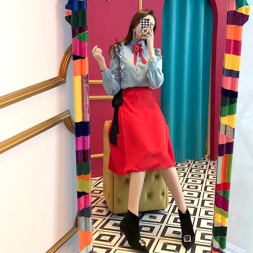 

PEILING DRAGON 2019 Korea Chic fashion Women's shirt,Red skirt Ruffles Women's Sets Butterfly Belt w0149