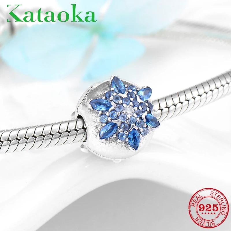 

Fashion Blue Crystal Zircon snowflakes 925 Sterling Silver clips Lock beads Fit Original Pandora Charm Bracelet Jewelry Making