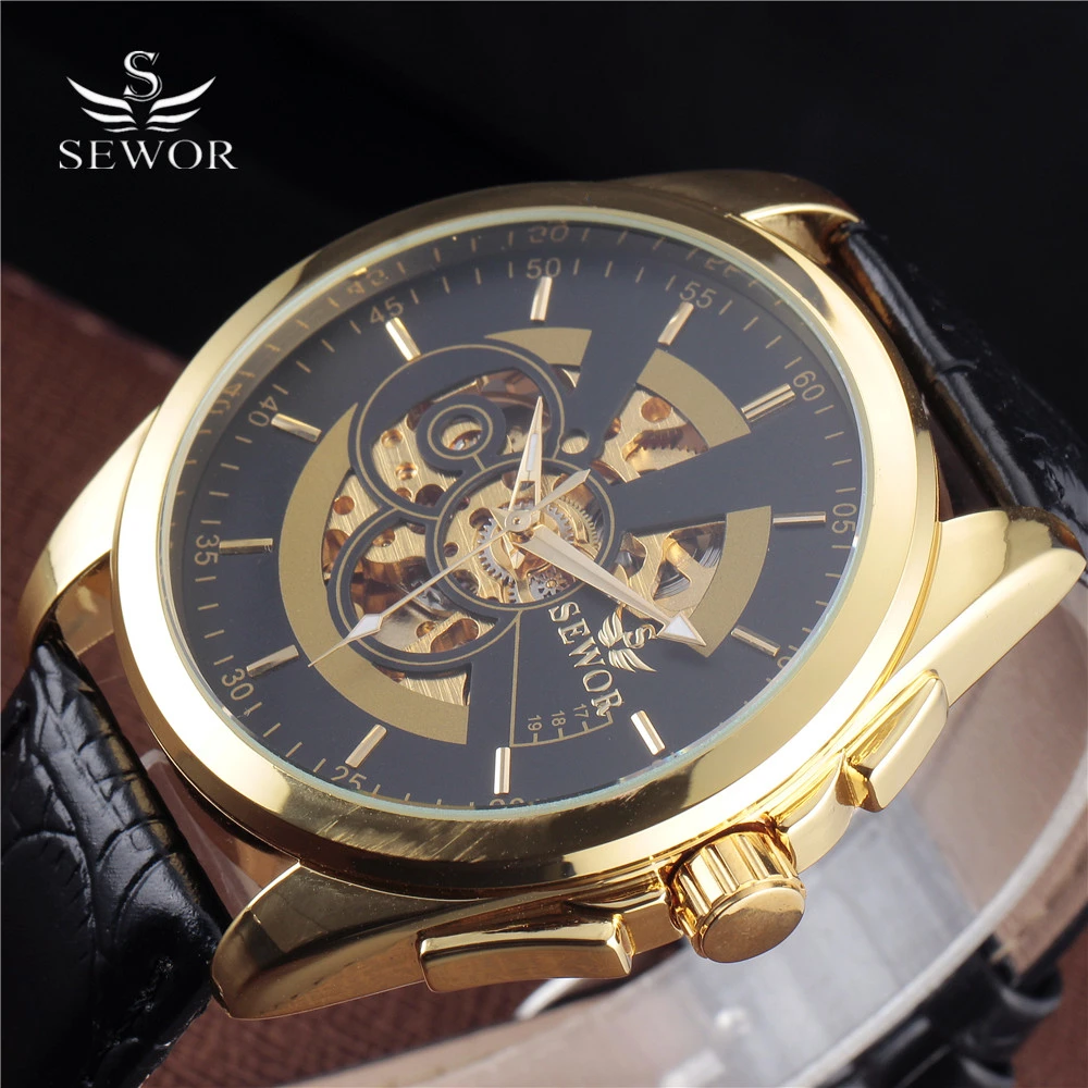 

New Fashion Top Brand SEWOR Watches Men Leather Strap Casual Famous Wristwatch Male Gift Hollow Gold Mechanical Automatic Watch