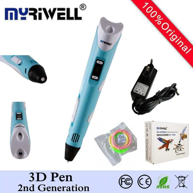 Freeshipping Blue 3D Pen Original Myriwell 100B 3D Printer LED Screen With Free ABS Filament Arts
