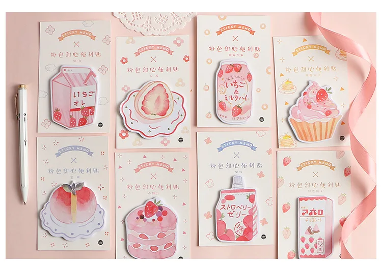Розовые Клубничные серии блокноты для записей Kawaii Канцелярские Липкие заметки бумажные закладки для школьных учебников офисные поставки Papelaria