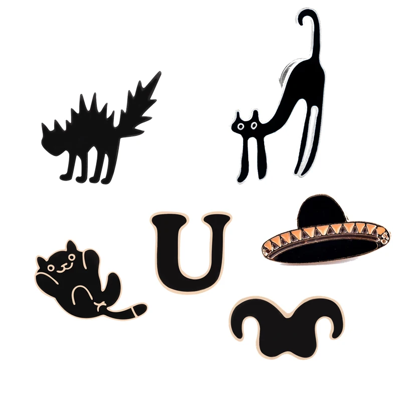 Black Cartoon Brooches Hat Crzay Cat Icons Enamel Pins Denim Clothes Shirts Lapel Pin For Men Cool Buckle Badge Accessories