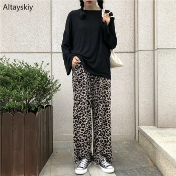 

Pants Women Retro Leopard Loose Korean Style Trendy Elegant Wide Leg Long Trousers Womens Elastic Waist Soft Ladies Leisure Girl