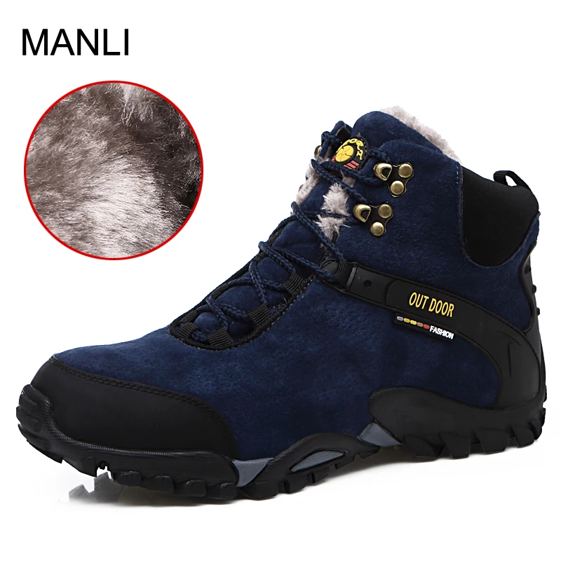 

MANLI Winter Mens Leather Hiking Boots Warm Plush Snow Shoes Brand Anti-skid Mountain Climbing Boots Outdoor Masculina Sapatos