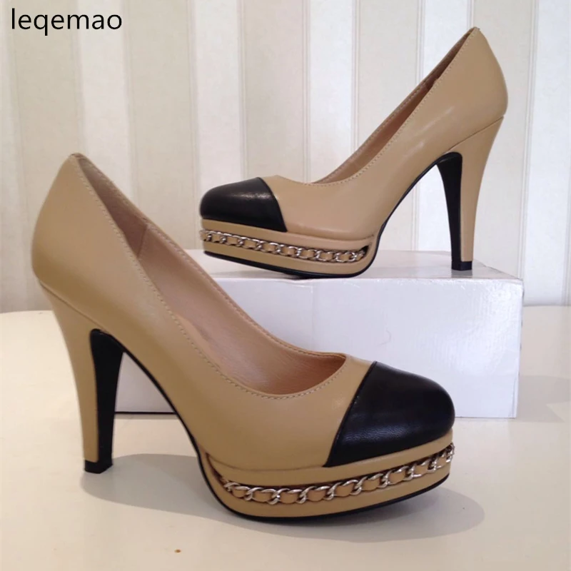 New Fashion Office Lady Pump Shoes Genuine Leather Women High Quality Heels Beige Black Colors Chain Wedding Dress Shoes 35-40