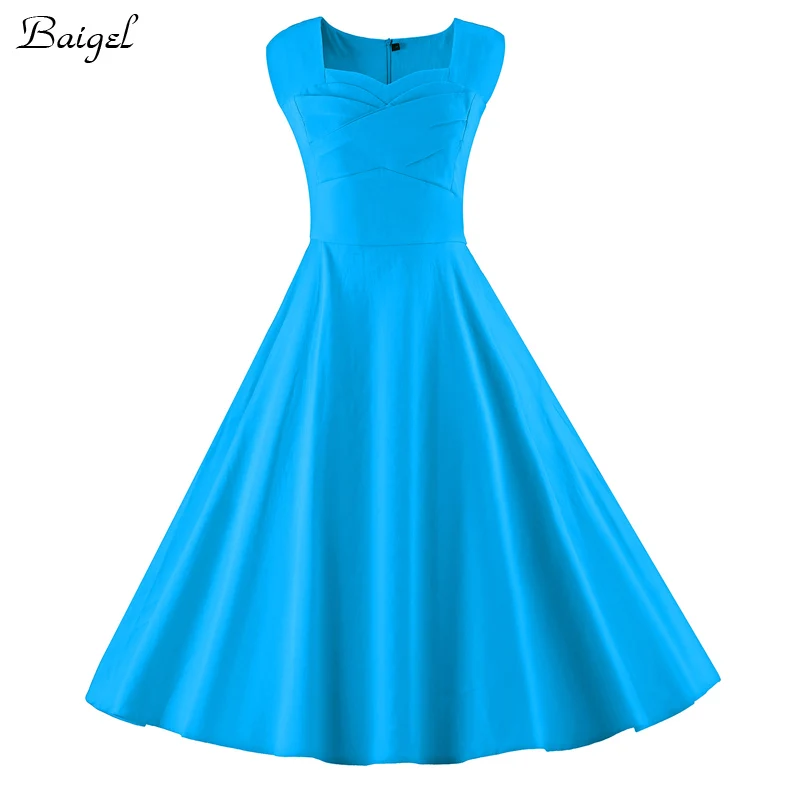 Womens Sleeveless Classic Sky Blue Summer Dress 50s 60s Audrey Hepburn Retro Style Rockabilly Vintage Cocktail Ball Gown Party Dresses