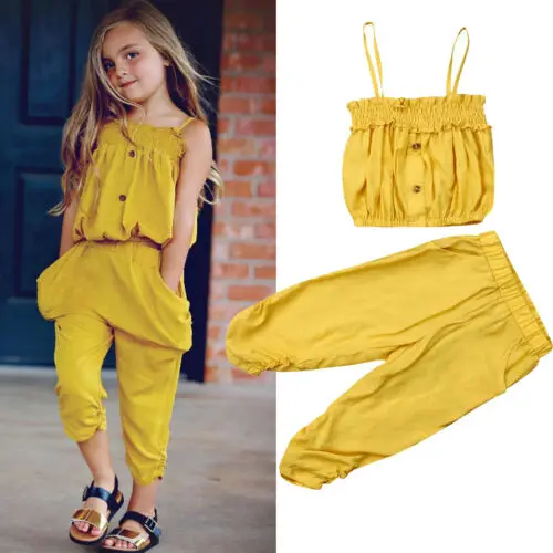 

Pudcoco 2019 Summer Yellow Toddler Kid Baby Girl Sling T-shirt Top Long Pants 2PCS Outfit Clothes Fashion Casual Set Summer