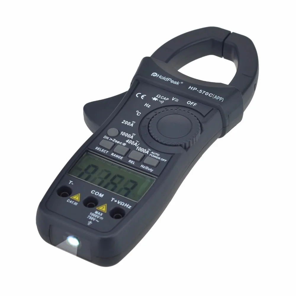 HoldPeak цифровой клещи HP 570C APP 1000A AC/DC тока Напряжение емкость Температура мультиметр