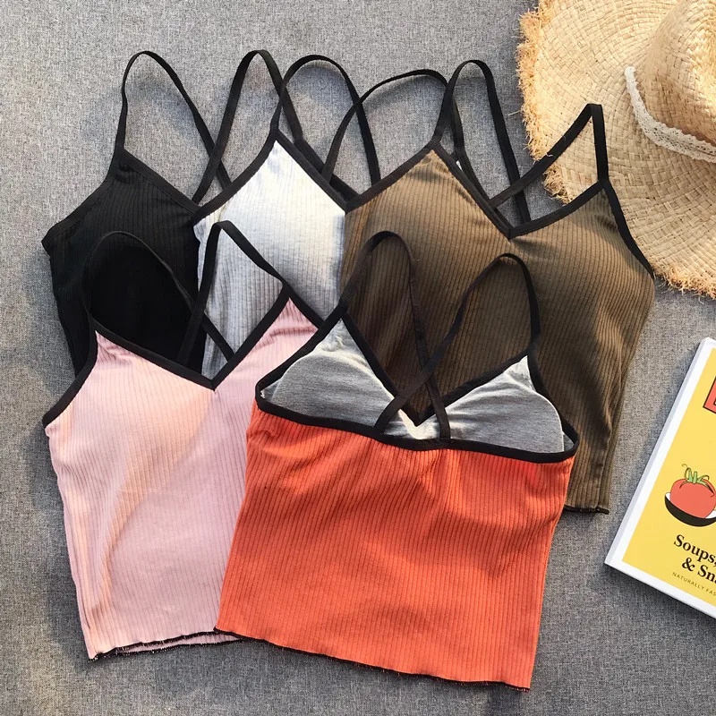 Girls Crossed Straps Short Camis Tops With Seperated Bra Women Padding Tanks Crop Tops For Female