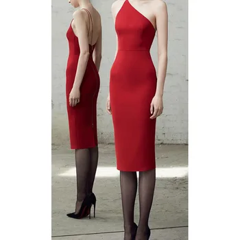 

New Sexy Women Bandage Dress Red One-Shoulder Summer Bodycon Dress Knee-Length Wedding Evening Club Party Dresses Vestido