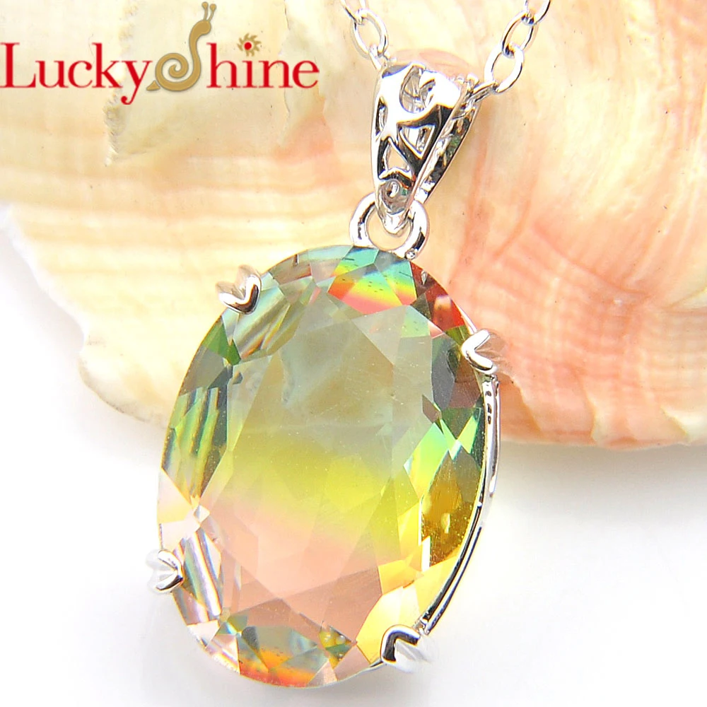 

Luckyshine Women Jewelry Gradient Bi colored Tourmaline CZ Pendants 925 Silver Fashion Wedding Pendant Necklace 13*18MM