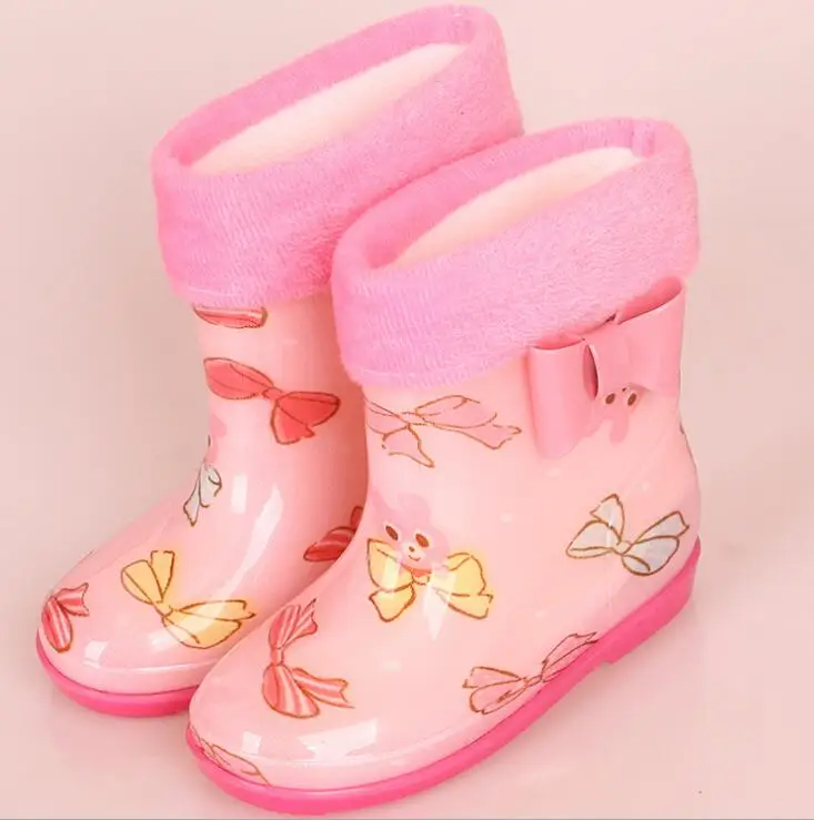 Новые детские ботинки, Детские дождевые ботинки с мультяшным принтом для девочек, детская непромокаемая обувь с бантом, водонепроницаемые детские резиновые ботинки, детская обувь - Цвет: pink