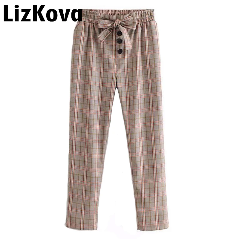 Plaid Straight Pants Office Lady Plaid Suit Pants Single Breasted High Waist Leisure Trousers Peplum Waist