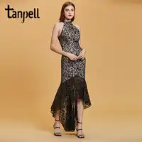 Tanpell appliques mermaid evening dress black sleeveless ankle length gown women high neck empire formal long evening dresses