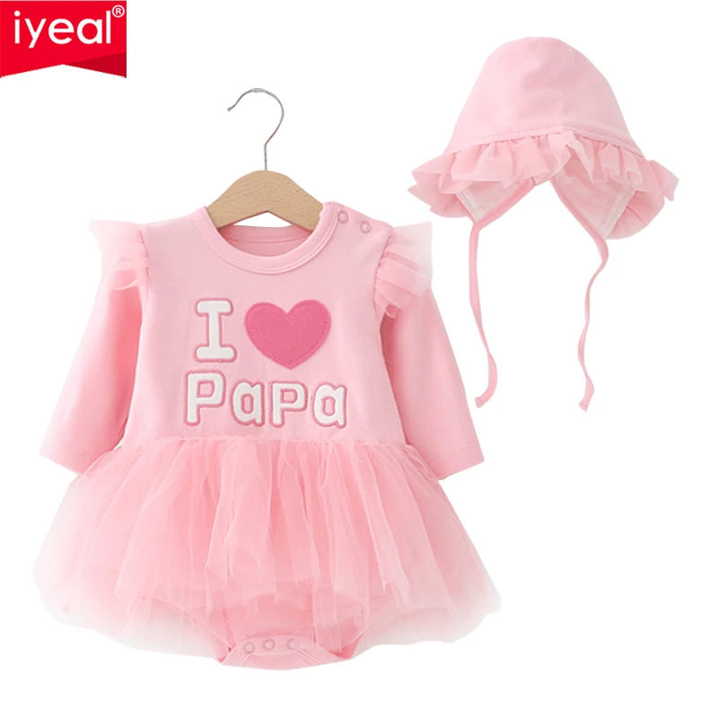

IYEAL Princess Newborn Baby Dress Christening Long Sleeve Pink White Lace Romper With Hat Baby Girl Clothes Infant Party Dresses