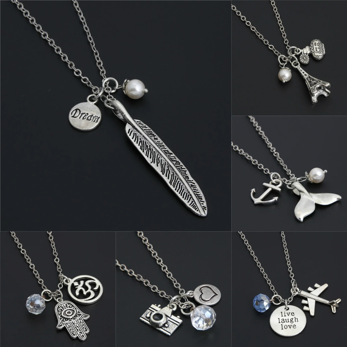 

1pc New Dream Live Laugh Love Words Feather Yoga Camera Mermaid Plane Charms Pendant Necklace For Women France Travel Souvenir