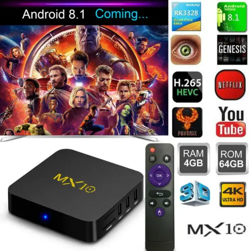 

MX10 Android 8.1.0 Quad-Core TV Box 4K H.265 HDR10 USB 4G/32G WiFi Media Player