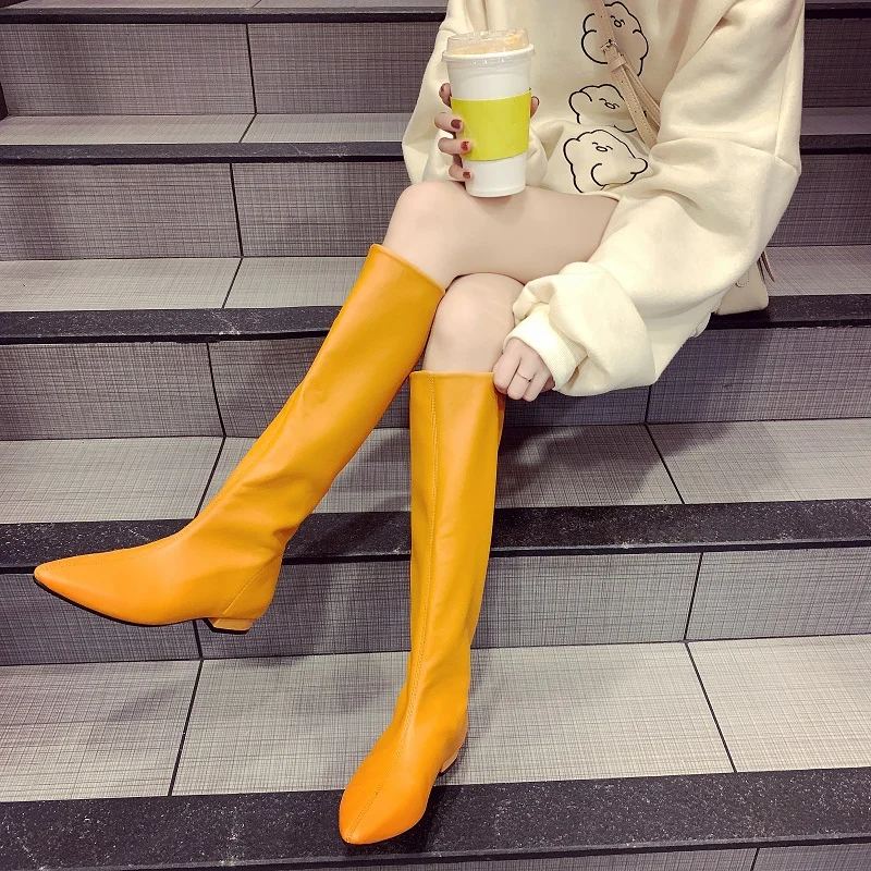 

Leather Women Knee High Boots 2019 Sexy Purple Yellow Blue Female Motor Long Boots Low Heels Autumn Winter zapatos de mujer