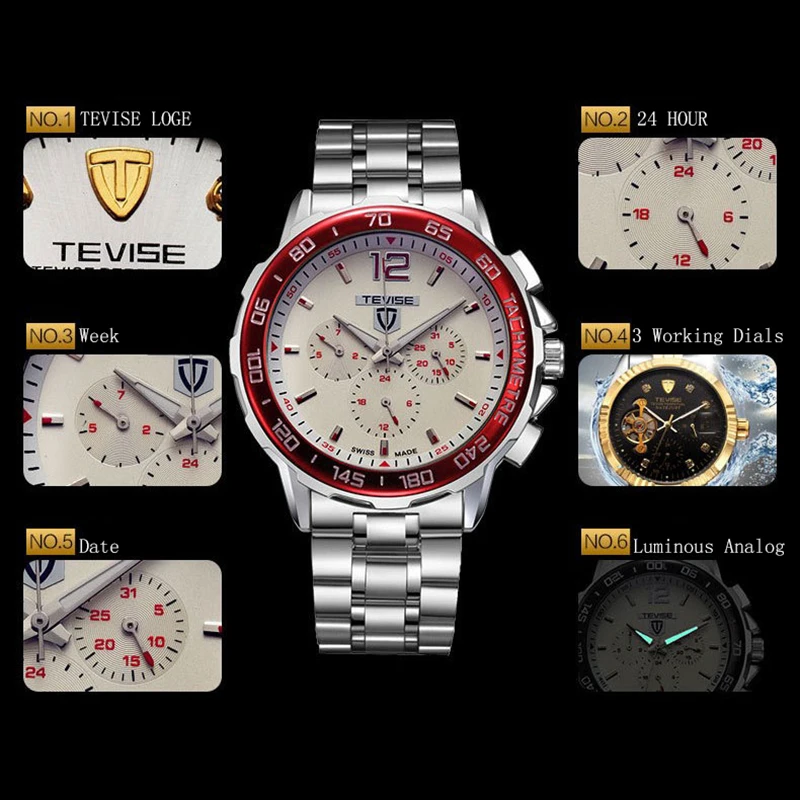 TEVISE التلقائي ساعات آلية الرجال الذاتي الرياح السيارات تاريخ شهر أسبوع الفولاذ المقاوم للصدأ مضيئة التناظرية المعصم 356