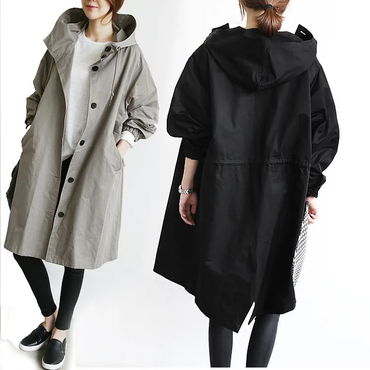 

Spring New Fashion 2018 Autumn Korean Style Windbreaker Mid-long Long Sleeve Loose Jacket Hooded Thin Coat Female