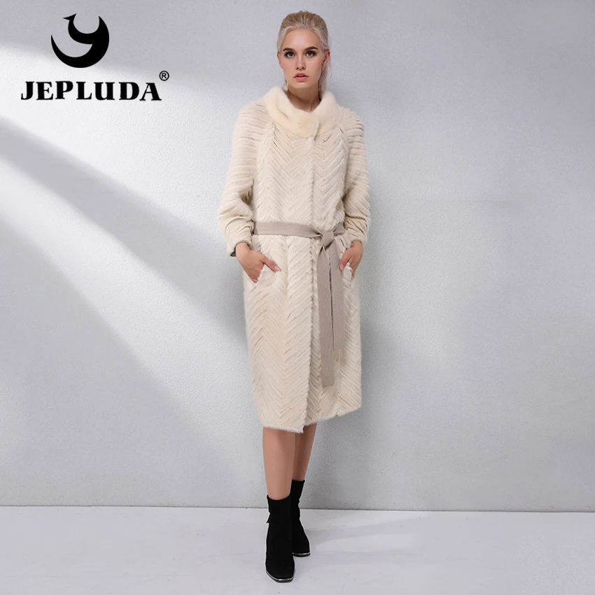 JEPLUDA Норковая Шуба Натуральный Мех с Воротник Приталенный Длительный Вязаная