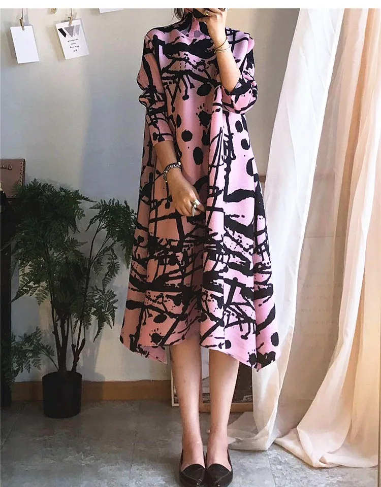 Changpleat весеннее новое платье с высоким воротом Miyak Плиссированное модное дизайнерское платье с принтом большого размера свободные трапециевидные женские платья Tide D90