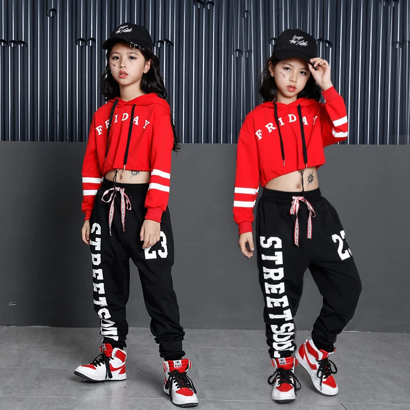 Ropa calle coreana para Niñas Grandes, traje deportivo de moda para niños, pantalones con estampado de letras + Sudadera con capucha roja, conjunto de dos piezas, trajes baile 2018|set