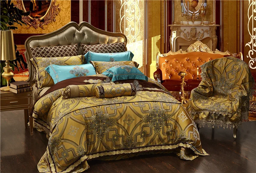 Waliicorners 10Pcs Luxury Satin Royal Bedding set Golden color Queen King size Duvet Bed cover Bed/Flat sheet Bed spread set Pillowcase 10 _51A7631