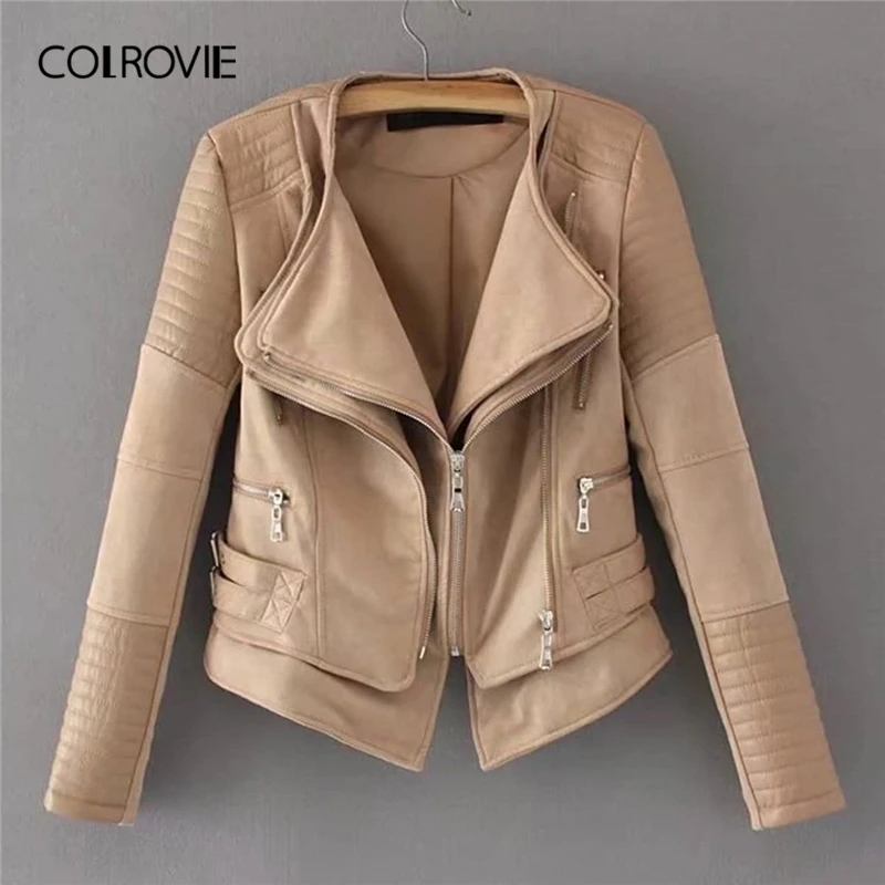 

COLROVIE Khaki Zipper Pocket Biker Quilted PU Leather Jacket Coat Women 2019 Spring Fashion Ladies Jackets Female Outerwear