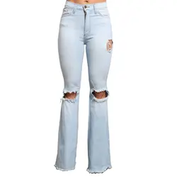 Большие размеры, джинсы с высокой талией, расклешенные джинсы с кроем для женщин, для женщин, потертые Широкие джинсовые штаны, Рваные
