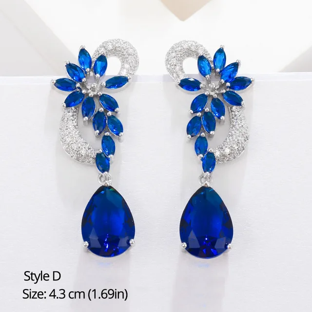 BeaQueen Leaf Flower Teardrop Cubic Zircon Royal Jewellery Big Dark Blue CZ Crystal Long Dangle Wedding Earrings for Women E293 Style D