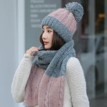 Горячая Лыжная девушка бренд сочетающиеся Цвета Вязаные шапки шарф шапка набор женская зимняя шапка Толстая шапка Skullies женский капюшон