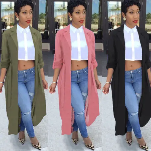 

Autumn Women Clothes Casual Long Sleeve Solid Color Long Maxi Bandage Cardigan Chic Ladies Thin Trench Coat Outwear