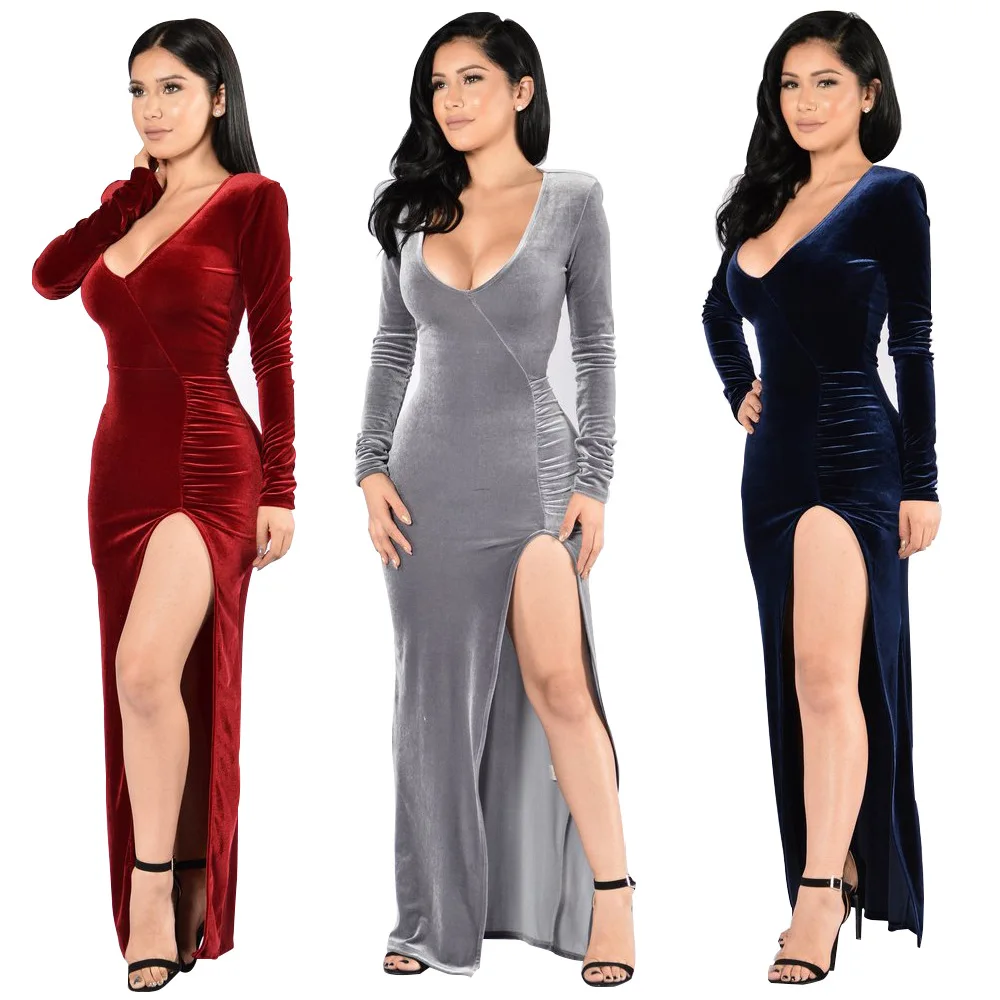 Women Velvet V Neck Night Club Dress Vestidos Fashion Sexy Winter 