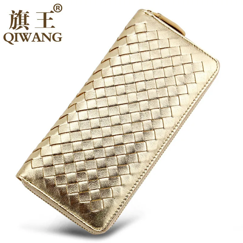

Genuine Leather Gold Weave Women Wallet Sheepskin Female Long Purse Luxury Soft Card Holder Wallet High Quality