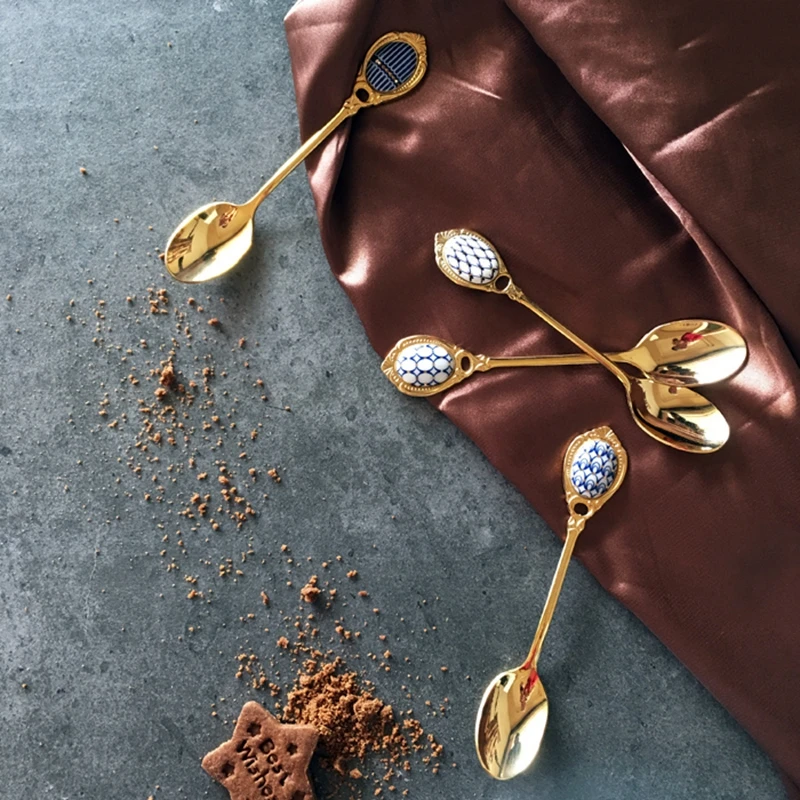 

Stainless Steel Spoon Inlay Ceramic Handle Ice Cream Coffee Spoons Teaspoon Vintage Gold Plating Dessert Cake Scoop Tableware