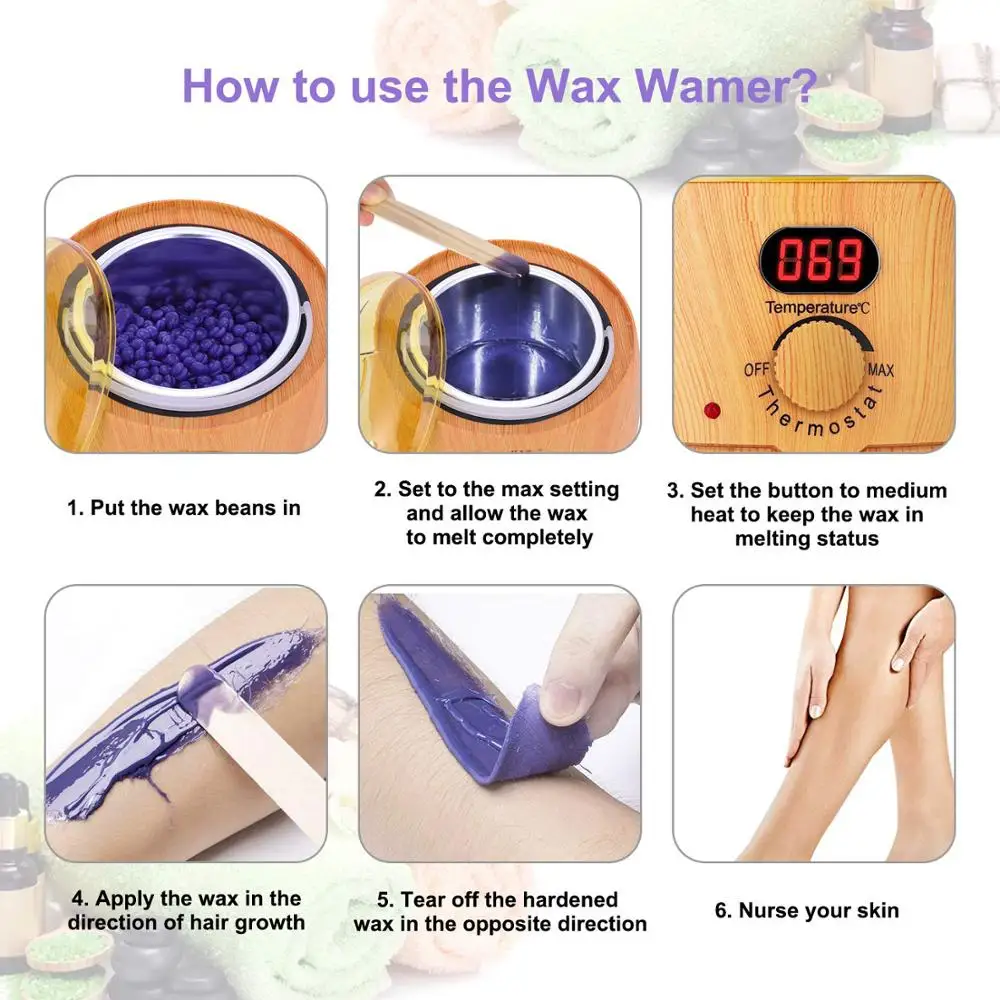 Wax Warmer Wooden Electric Paraffin Wax Heater Pot Hair Removal Waxing Kit with LCD Display 4 Flavor Wax Beans Home Salon Spa