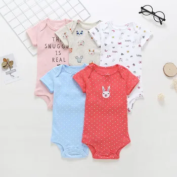 

5pc Infant Newborn Baby Girl Boy Bunny Letter Dot Print Romper Bodysuit Sunsuit