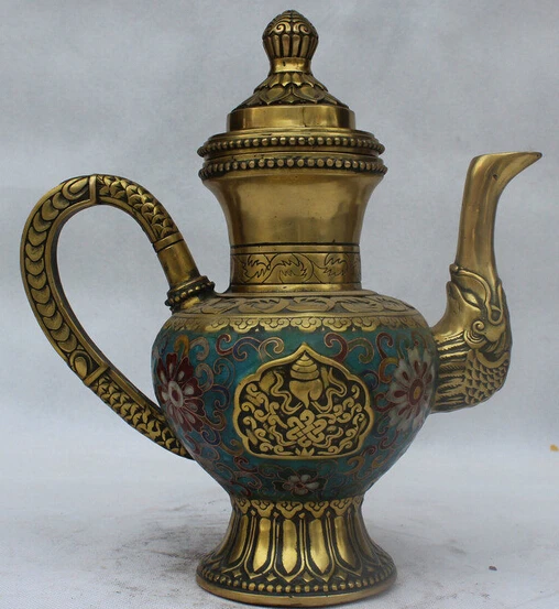 

71@g++10" Marked Chinese Cloisonne Copper 8 Auspicious Symbol Dragon Handle Wine Pot statue
