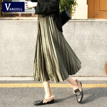 VANGULL Женская длинная металлическая Серебристая плиссированная юбка макси Весна Новая Осенняя юбка миди c высокой талией, эластичные Повседневные Вечерние юбки