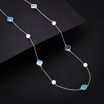 

Fashion round Pearl Long Necklace Luxury multicolour double face crystals for Women colorful stone sweater chain Simple jewelry