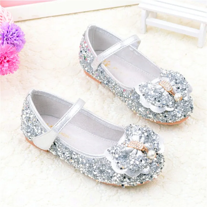 Size 24 37 Silver Children Princess Shoes Girls Sequins Wedding Party