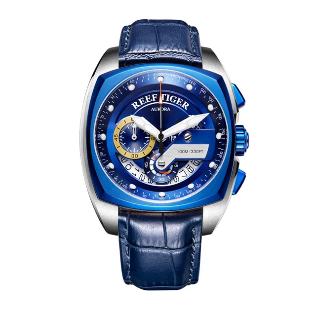 Reef Tiger RGA3363 мужские многофункциональные спортивные модные 10 бар водонепроницаемые квадратные кварцевые наручные часы с кожаным ремешком для часов - Цвет: p10