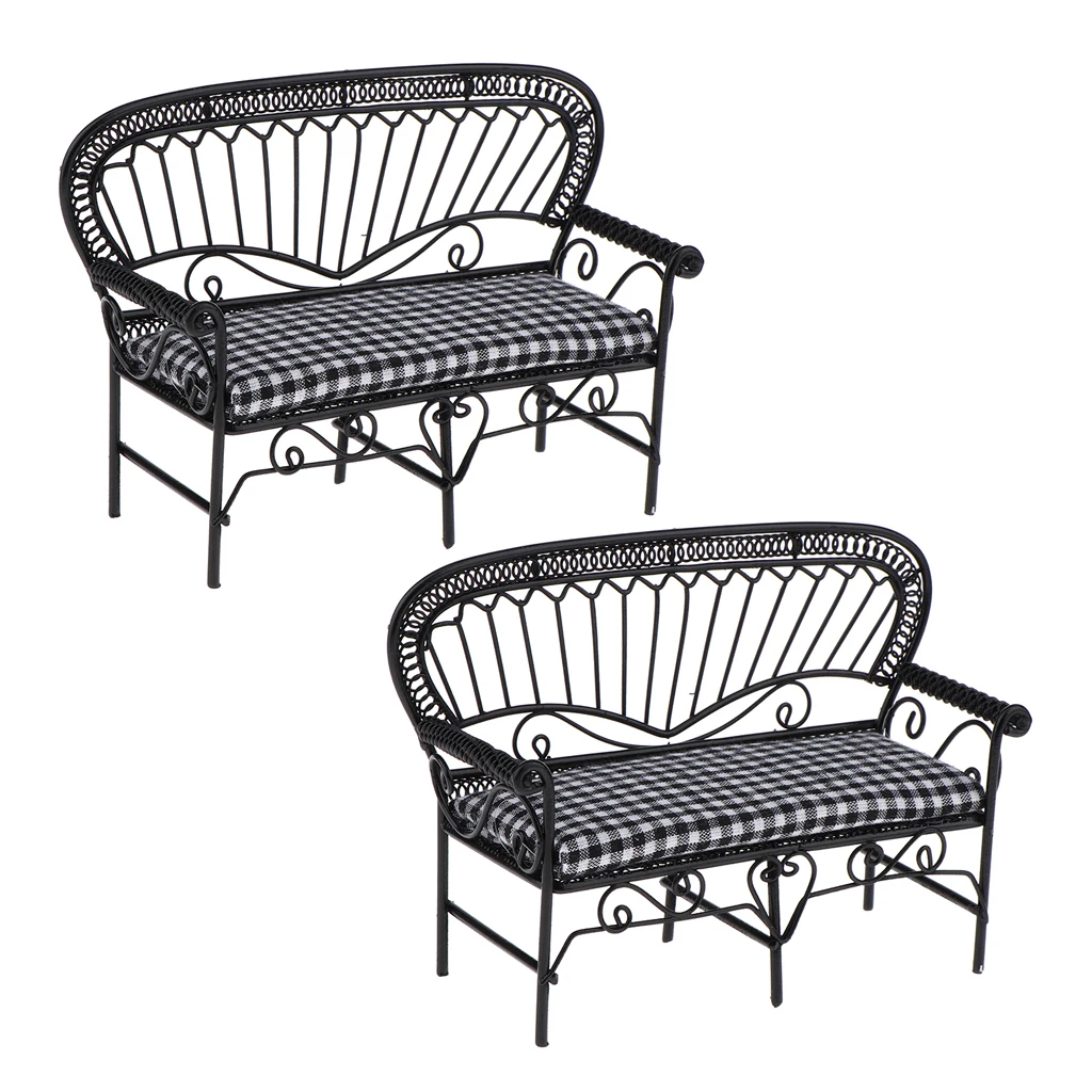 2Pcs 1/12 Dollhouse Miniature Furniture Living Room Garden Vintage Iron Double Chair Double-Seat Sofa Model