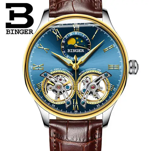 Двойной Tourbillon, швейцарские мужские часы, BINGER, оригинальные автоматические часы, мужские Модные механические наручные часы, кожаные часы - Цвет: Gold blue B8606A br