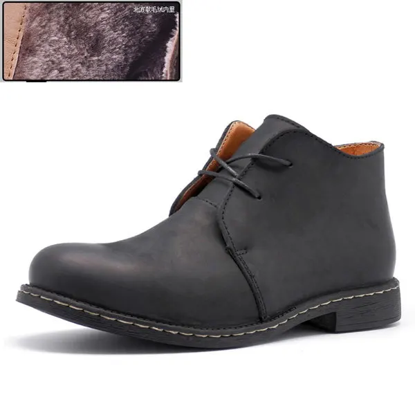 Обувь из натуральной кожи мужские ботинки повседневная обувь на шнуровке в британском ретро стиле с круглым носком на толстом каблуке теплые рабочие ботинки из флиса; большие размеры - Цвет: black with fur